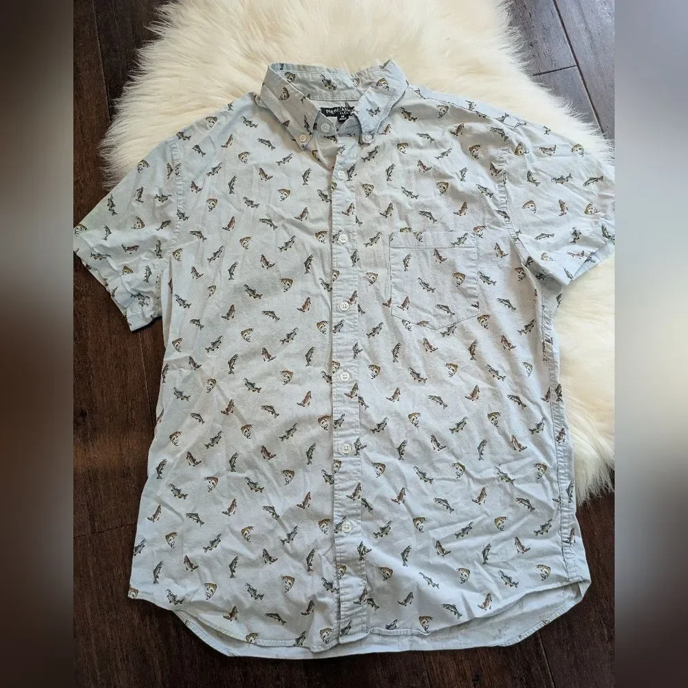 JCrew Mercantile Flex Shirt Bass Fish Printed Button Front Short Sleeve Shirt M